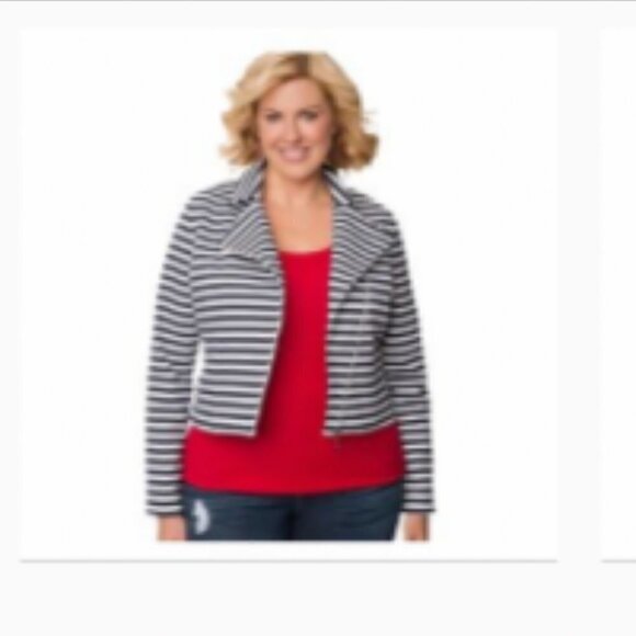 Lane Bryant SZ24 Navy & White stripe moto jacket Nautical Sailor Coastal Preppy - Picture 6 of 12